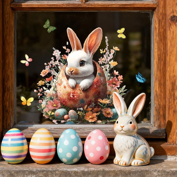 Uuiauoio 1 Sheet Easter Window Clings for Glass Windows, Easter Egg Bunny Butterfly Stickers Spring Window Clings Decorations, Spring Windows Decals for Home Office Party Decor