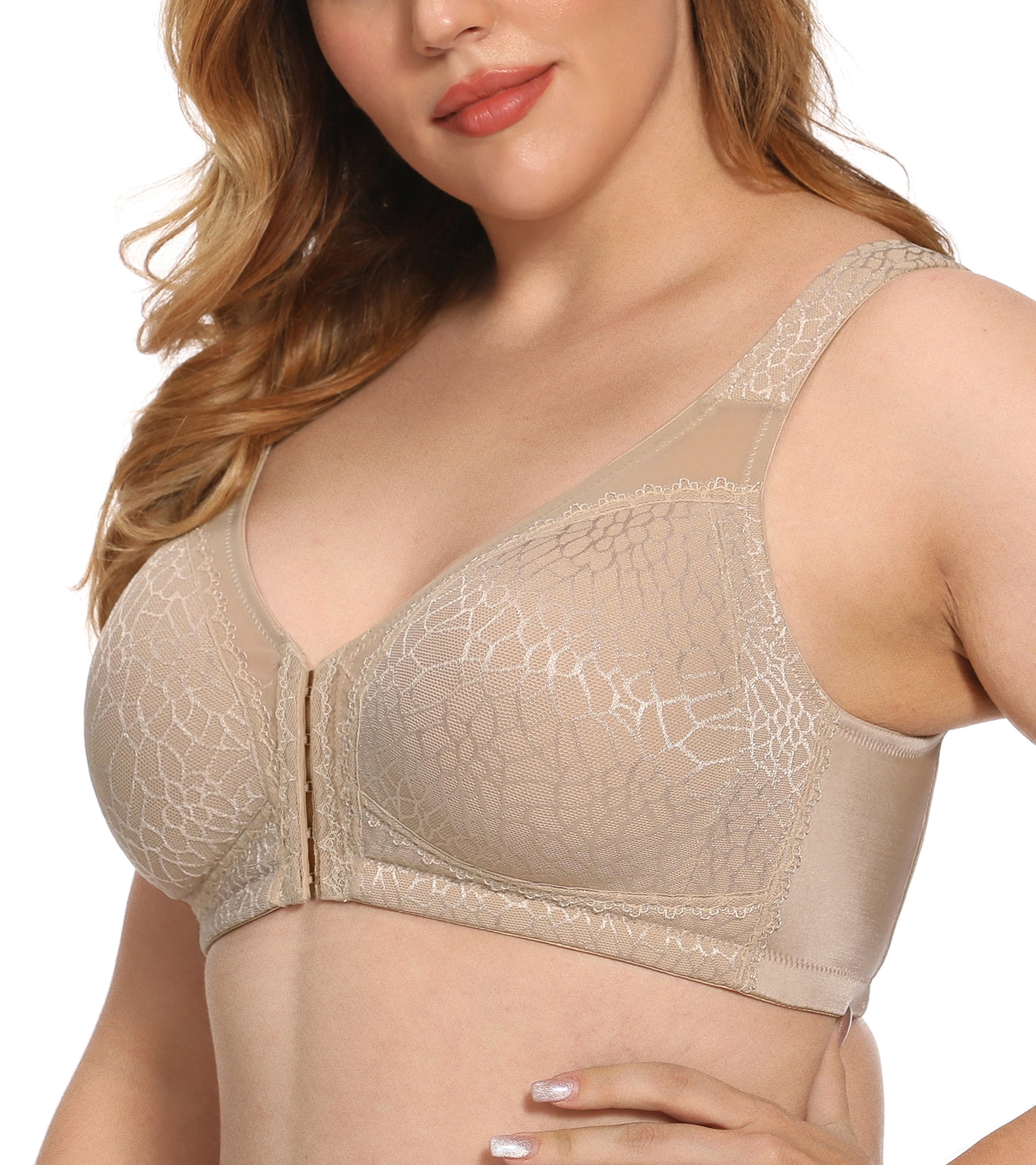 Exclare Women's Front Closure Full Coverage Wirefree Posture Back Everyday  Bra(40G, Beige) 