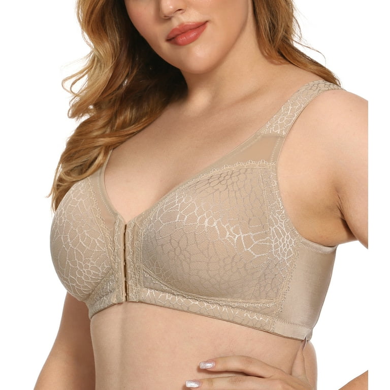 Exclare Women's Front Closure Full Coverage Wirefree Posture Back Everyday  Bra(42C, Beige)