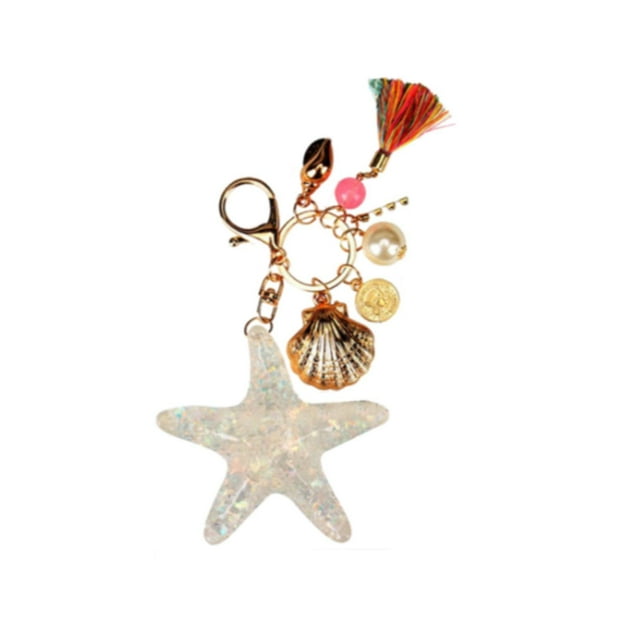Llavero de estrella de mar con borlas y cuentas de concha de estrella de mar, elegante llavero dorado Blanco