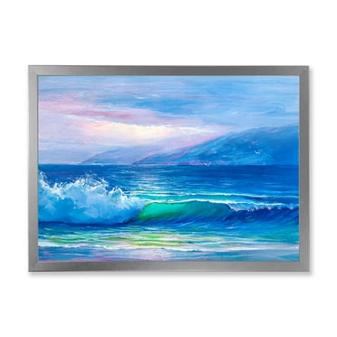 Designart 'Blue Waves Breaking At The Beach Landscape II' Nautical & Coastal Framed Art Print