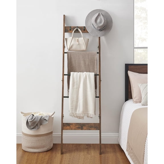 Blanket Ladder for Living Room, Decorative Quilt Rack with 4 Removable Hooks, 5-Tier Farmhouse Ladder Holder Shelf Organizer for Bedroom, Rustic Brown and Black