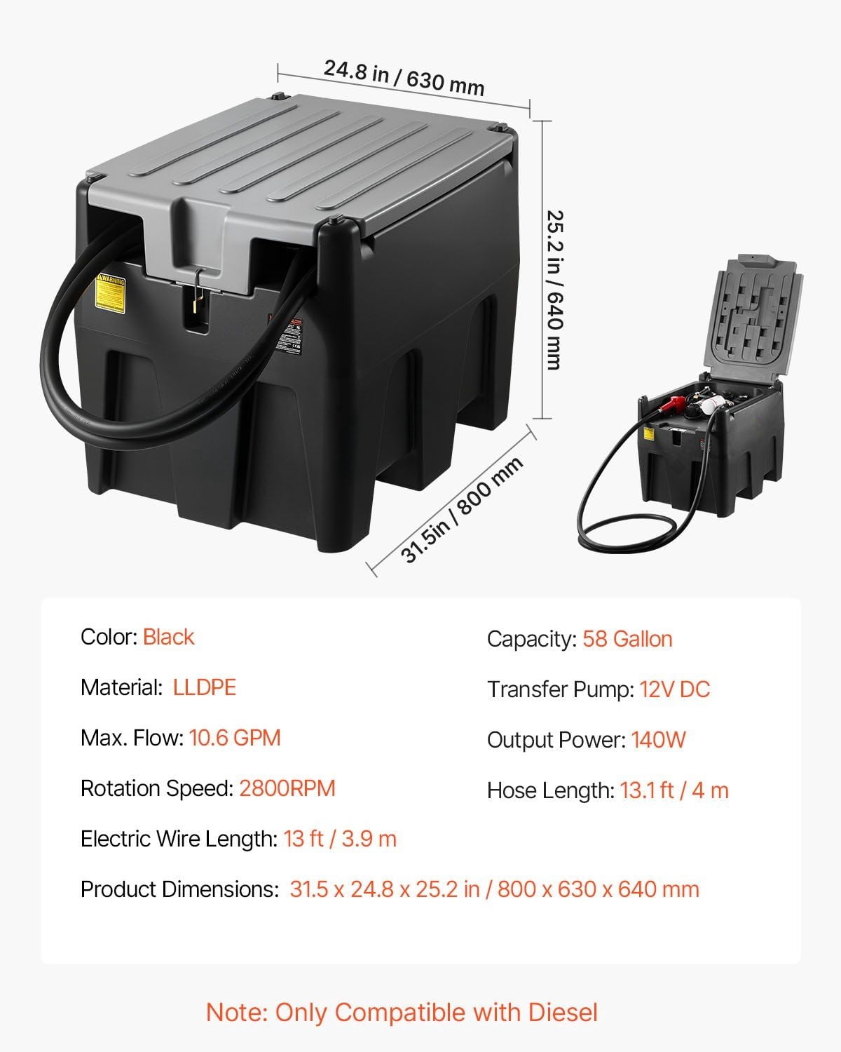 58 Gallon Portable Diesel Fuel Tank with 12V Transfer Pump (10 GPM) – Heavy-Duty Black Diesel Storage Tank for Trucks, Tractors, & Equipment – Includes Battery Clamps & Spout