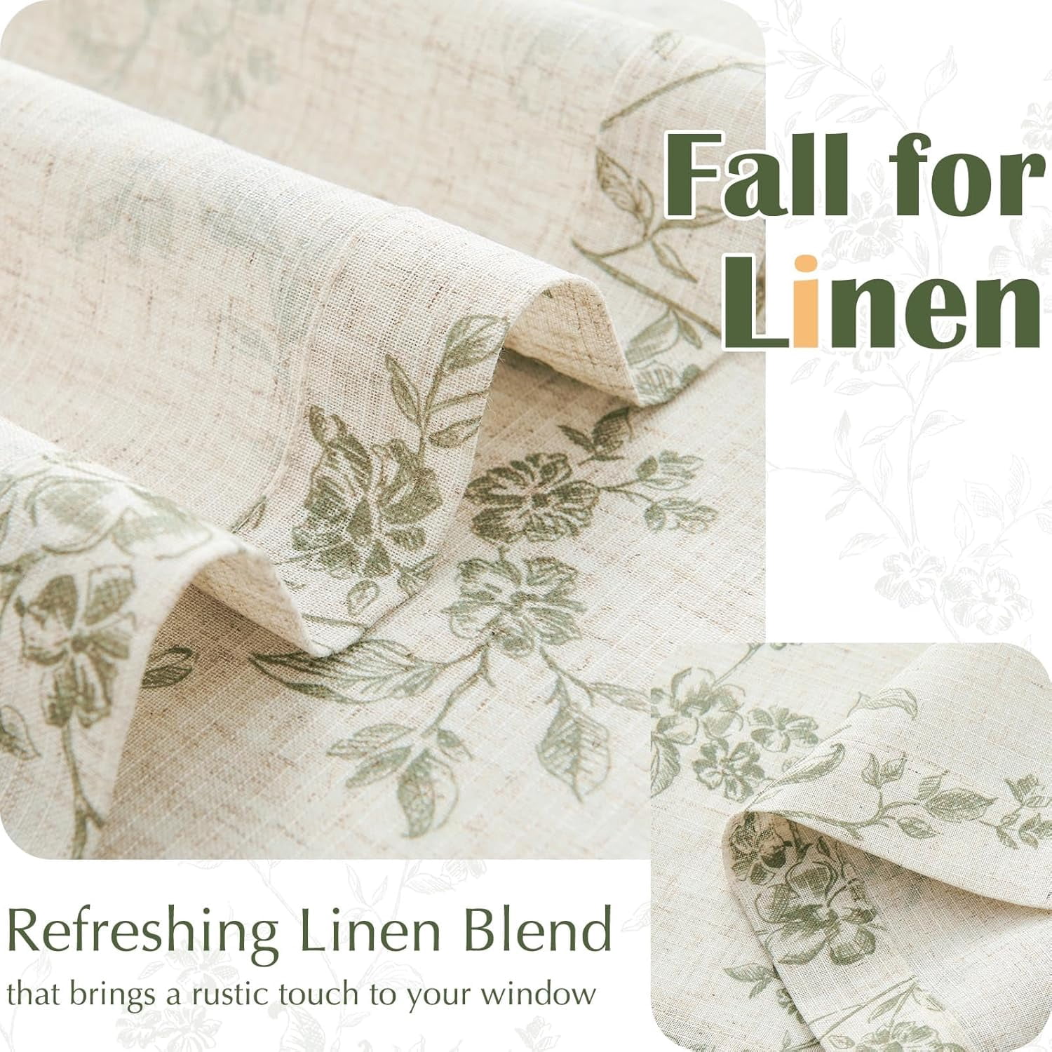Floral Kitchen Curtains 36 Inch Linen Tier Curtains Farmhouse Cafe Half Window Drapes Over Sink Light Filtering for Living Room Laundry RV Rod Pocket 2 Panels Sage Green on Beige