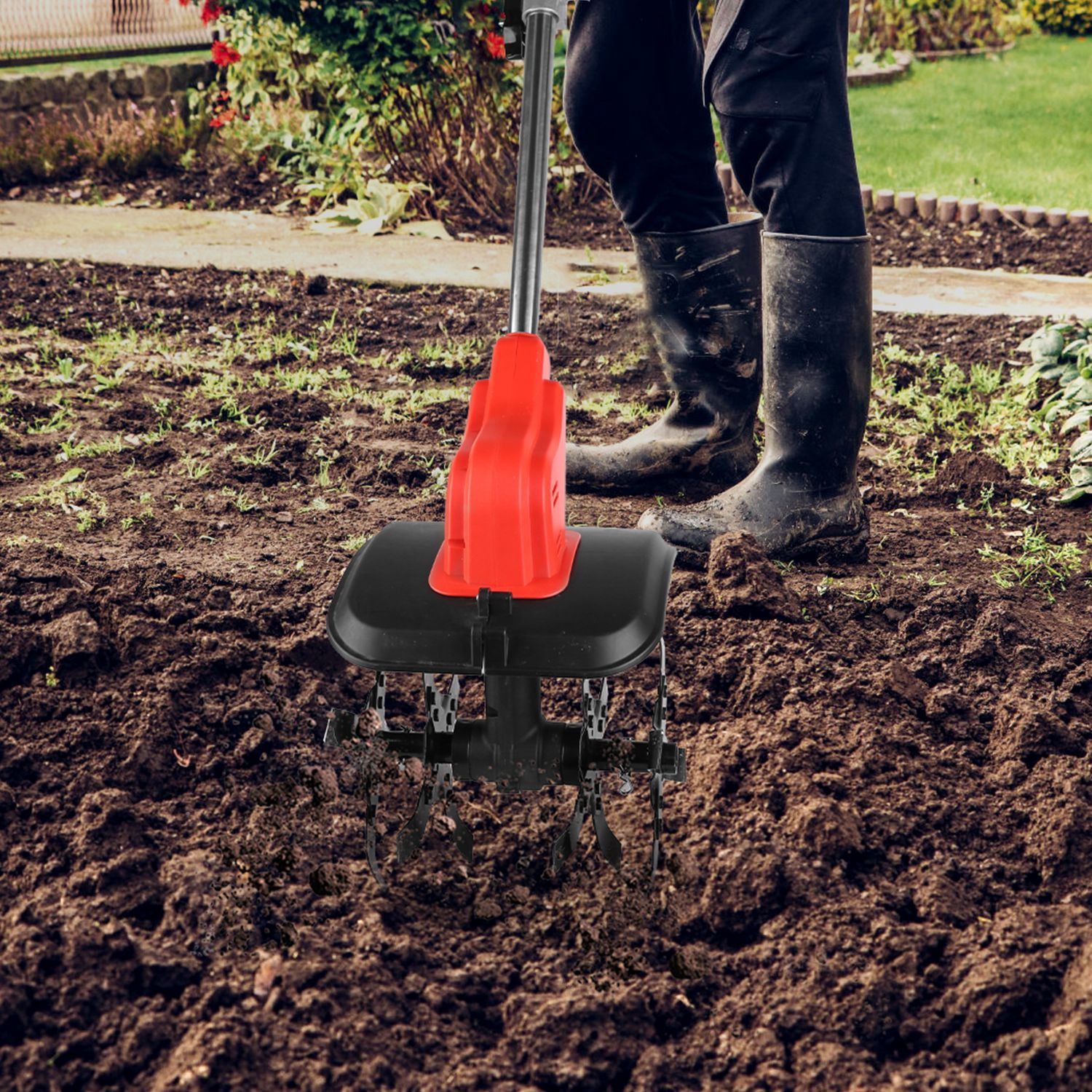 21V Cordless Electric Tiller Cultivator for Wide&Deep Tilling afety Lock Auxiliary Handle Perfect for Garden Bed Preparation Weeding Soil Aeration Lawn Care Raised Bed Vegetable Patch Gardening Tool