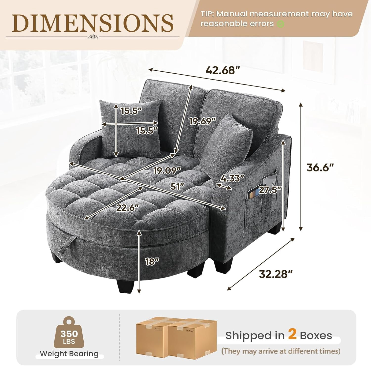 MOONMISS Oversized Chair and A Half, Chenille Tufting Accent Cozy Reading Sofa Chair with Storage Ottoman, Upholstered Loveseat Chaise Lounge Sofa with Adjustable Back for Living Room,Gray