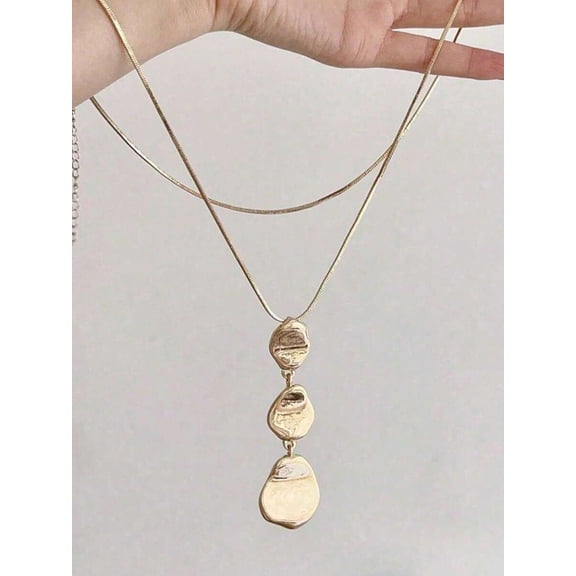 Layered Triple Pebble Pendant Necklace In Goldtone With Snake Chain