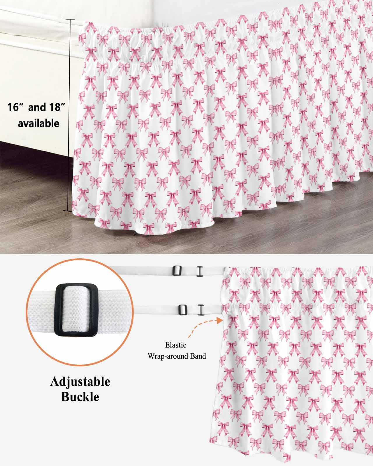 Cute Pink Bow Wrap Around Bed Skirts for Queen Bed 18" Drop, Bed Skirt with Adjustable Elastic Belt Dust Ruffle Bed Valance for Bedroom Hotel Luxury White Sweet Modern Watercolor Bed Frame Cover