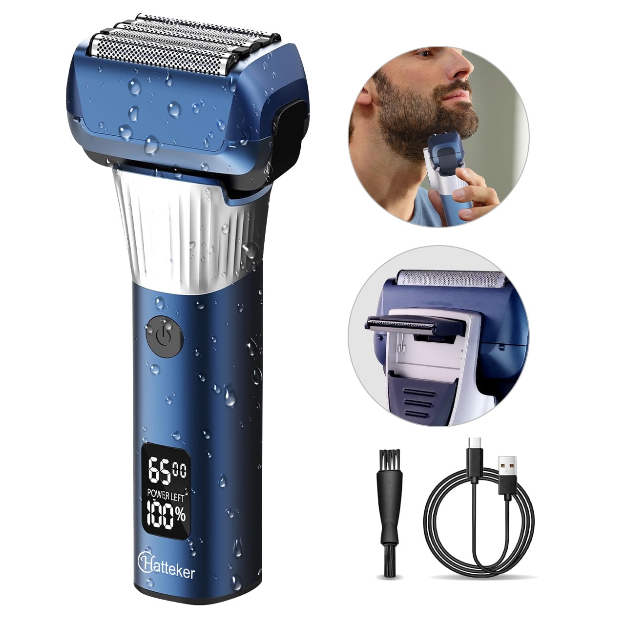 HATTEKER Electric Shaver Five-Head Mesh Shaver IPX6 Waterproof LED Display 2 Speed Settings Blue