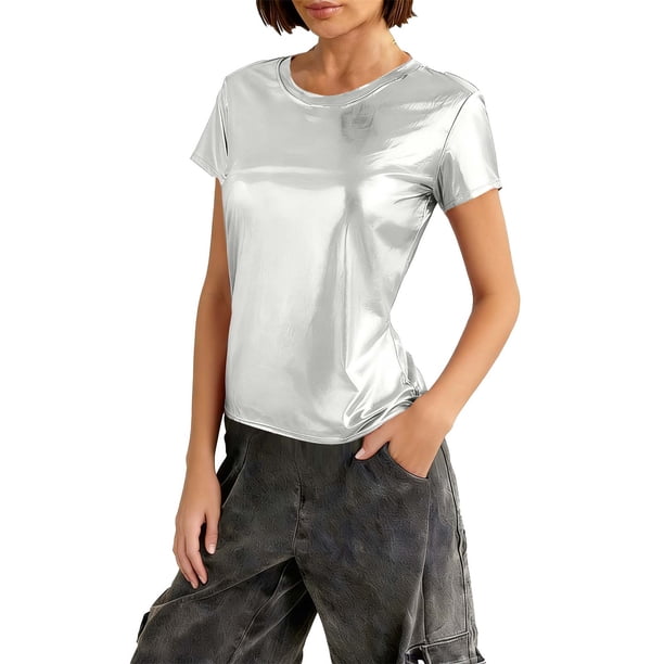 Tops de Cuello Redondo para las Mujeres de Moda Primavera Verano Manga Corta Base Blusa, Poliéster Suave Fresco Uso Diario