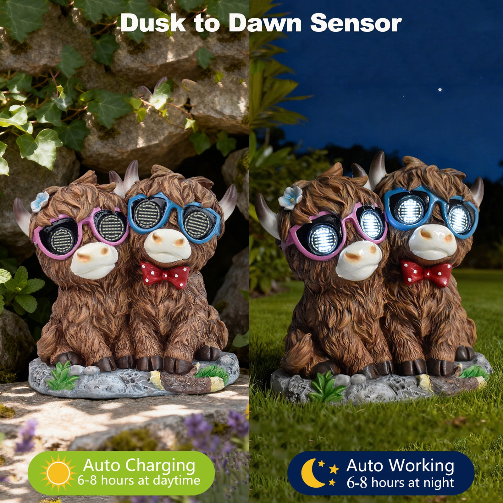 Solar Garden Highland Cow Decor Outdoor, Couple Highland Cow Statues with Dynamic LED Lights, Resin Highland Cow Figurine Lights for Garden Patio Lawn Yard Decor, Unique Birthday Gifts for Women Mom