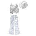 thumbnail image 3 of Doomiva Kids Boys Girls Latin Jazz Modern Dance Outfits Sleeveless Sparkly Vest Waistcoat with Flared Pants Hat Set Silver 15-16, 3 of 5