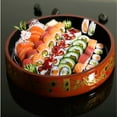 thumbnail image 2 of Red with Traditional Art Sushi Serving Tray - Round Sashimi Platter & Seafood Dish, Japanese Lacquered Plastic Tray for Weddings, Parties, BBQs, & Events with Ice Compartment - Large 11.5 Inch, 2 of 9