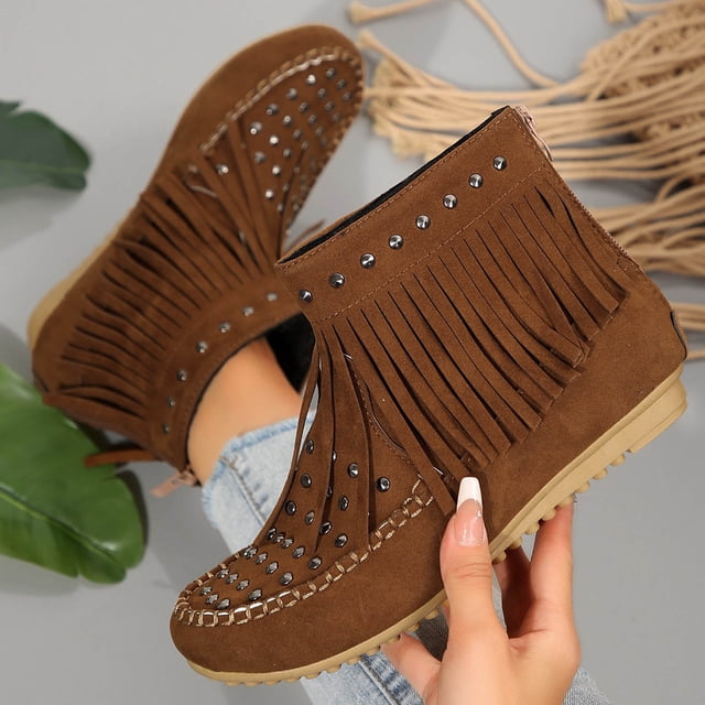 LSLJS Bottes Plates Décontractées pour Femmes, Chaussures Plates à Franges pour Extérieur, Bottines et Bottillons pour Femmes, Cadeau pour Femmes