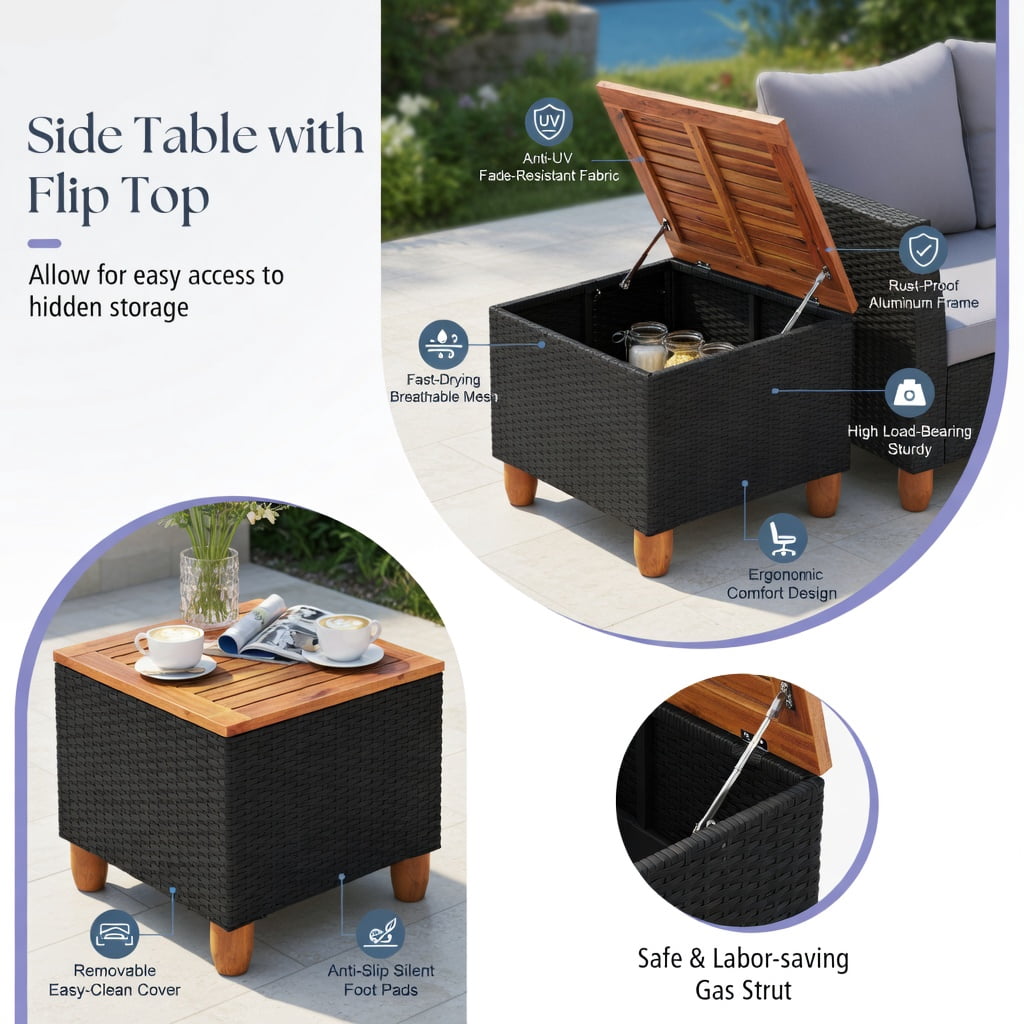 Hommoo 3-Piece Outdoor Wicker Patio Furniture Set with Gray Cushions & Solid Acacia Wood Coffee Table, Gray