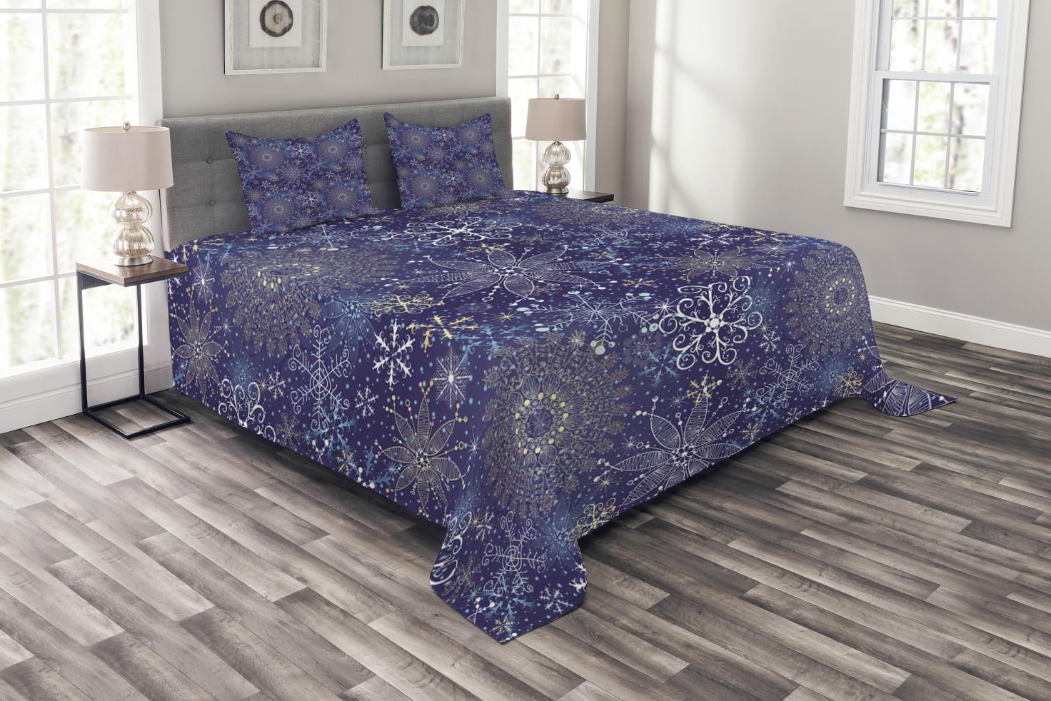 Dark Blue Bedspread Set King Size, Christmas Inspired Pattern with