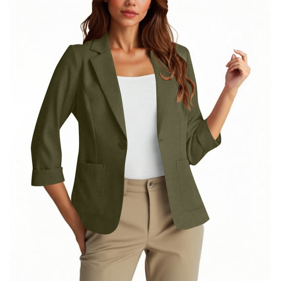 ClodeEU Womens Deep V-Neck Slim Jacket，Casual Button Front Blazer Jackets，3/4 Sleeve Lapel Office Work Blazers with Pockets Army Green,Womens Plus M