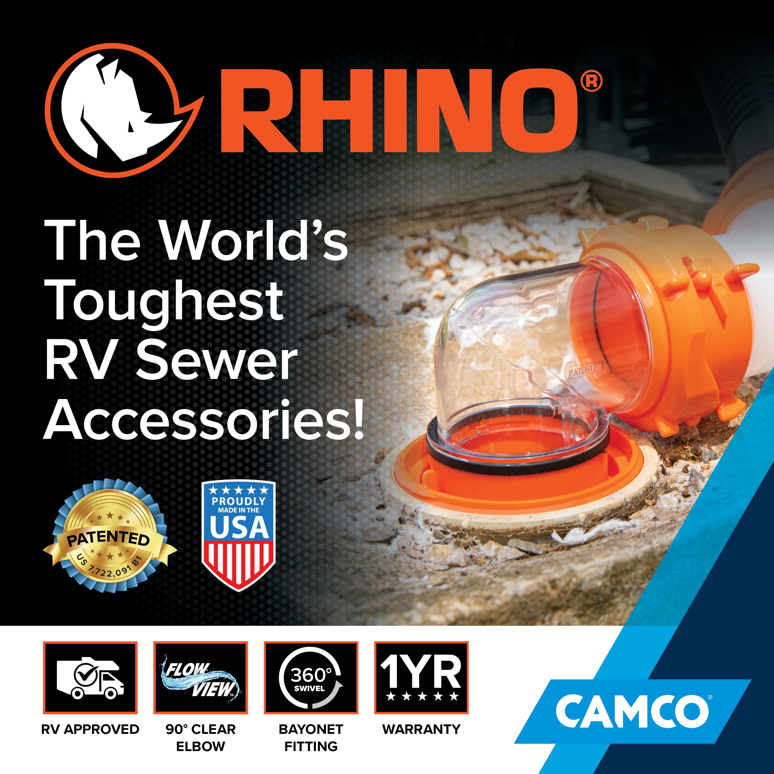 Camco Rhino Clear RV Sewer Hose Elbow with 4-in-1 Adapter - Orange (39736)