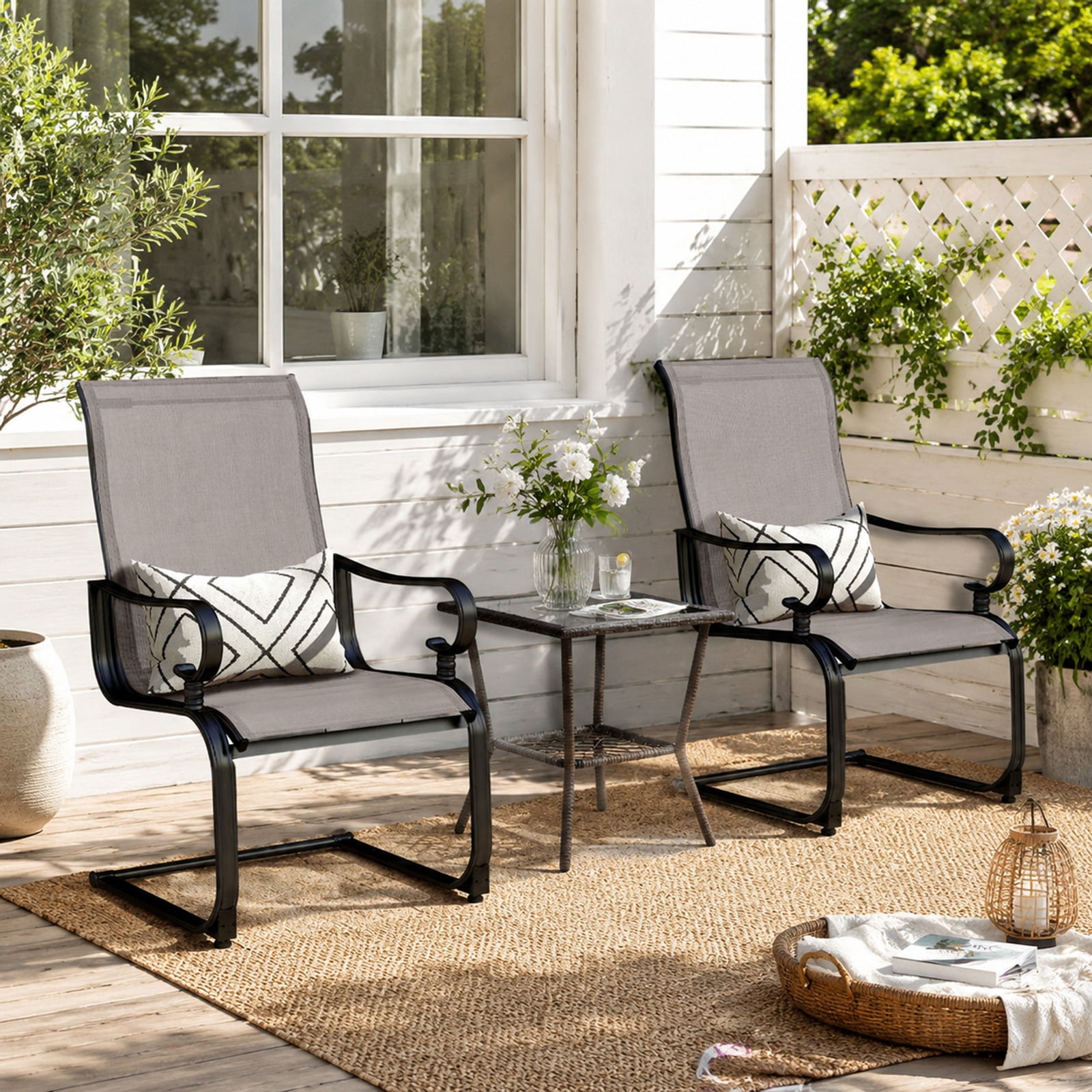 Furnibear Set of 2 Patio Chairs with Quick-drying Breathable Fabric and 15 Degree Rocking Motion for Backyard Pool and Porch, Gray