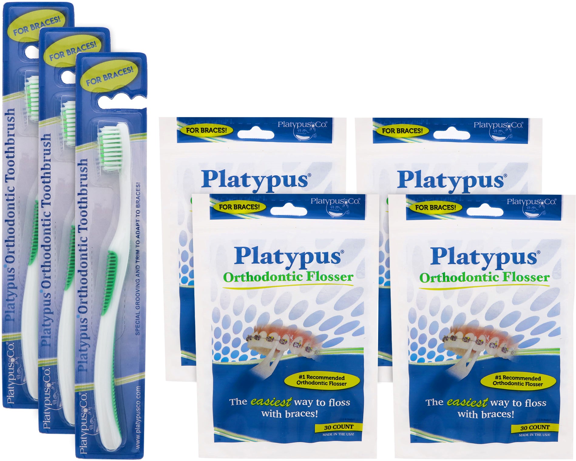 Platypus Orthodontic Flossers and Orthodontic Toothbrush Family Bundle