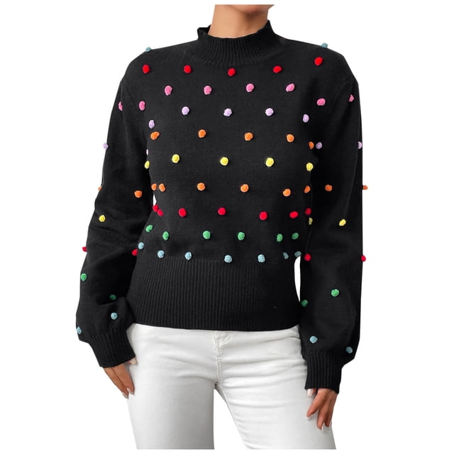 hoksml Chandail à Pompons Colorés pour Femme, Chandail en Tricot à Franges Amusant, Haut à Col Rond Déclaration Fantaisie