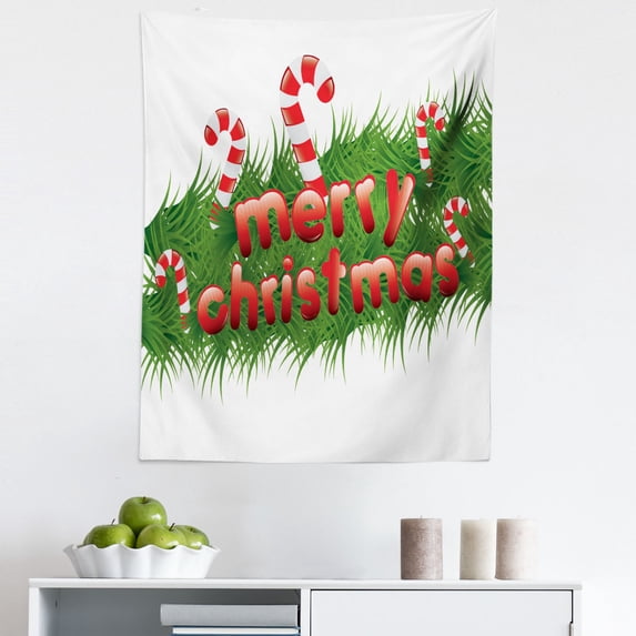 Christmas Tapestry, Candy Canes on Abstract Garland Design Happy Wishes for Upcoming Holiday Natural, Fabric Wall Hanging Decor for Bedroom Living Room Dorm, 5 Sizes, Emerald Red, by Ambesonne