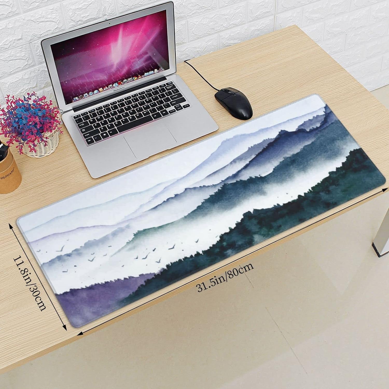 Forest Mountain Bird Fog Landscape Mouse Pad Long Extended XL Mousepad Desk Pad Gaming Pc Desktop Large Rubber Mice Pads Stitched Edges 31.5'' X 11.8''