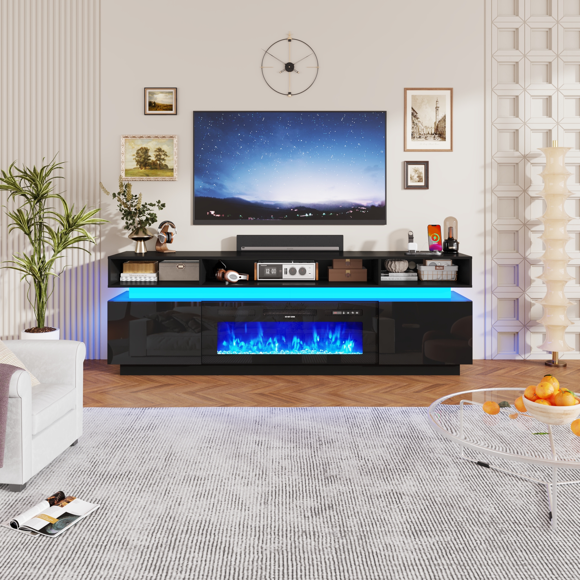 Chvans 82.7" Fireplace TV Stand for 95" TVs with LED Lights, Black photo 6