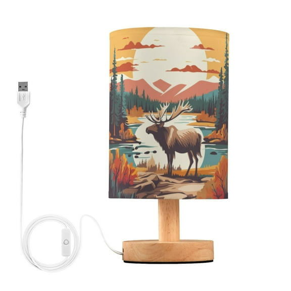 Deer Trees Forest Sun Lake Table Lamp USB Bedside Desk Nightstand Lamp Printed Gifts Small Lamp Wood Base for Bedroom Living Room Kids Room College Dorm