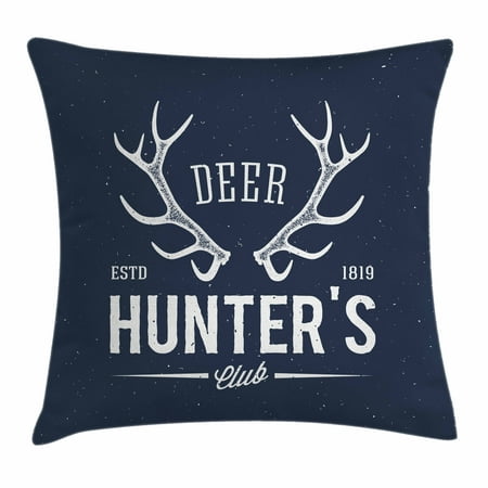 Hunting Decor Throw Pillow Cushion Cover, Deer Hunter's Club Logo Design with Antlers Retro Typography Shabby Icon, Decorative Square Accent Pillow Case, 16 X 16 Inches, Navy Blue White, by