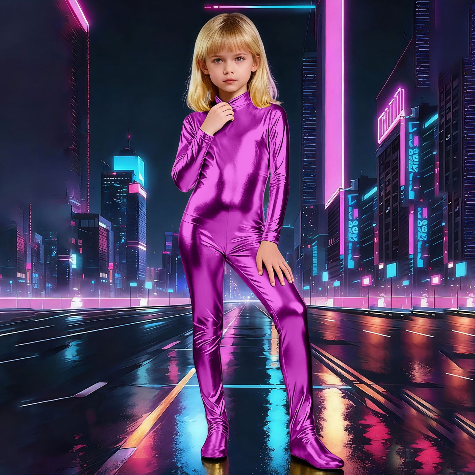 ZHOGXU Kids Toddler Girls Romper Long Sleeve High Neck Solid Color Back Zip Comfortable Slim Fit Jumpsuit For Dance Gymnastics Stage Performance Purple 5-6 Years