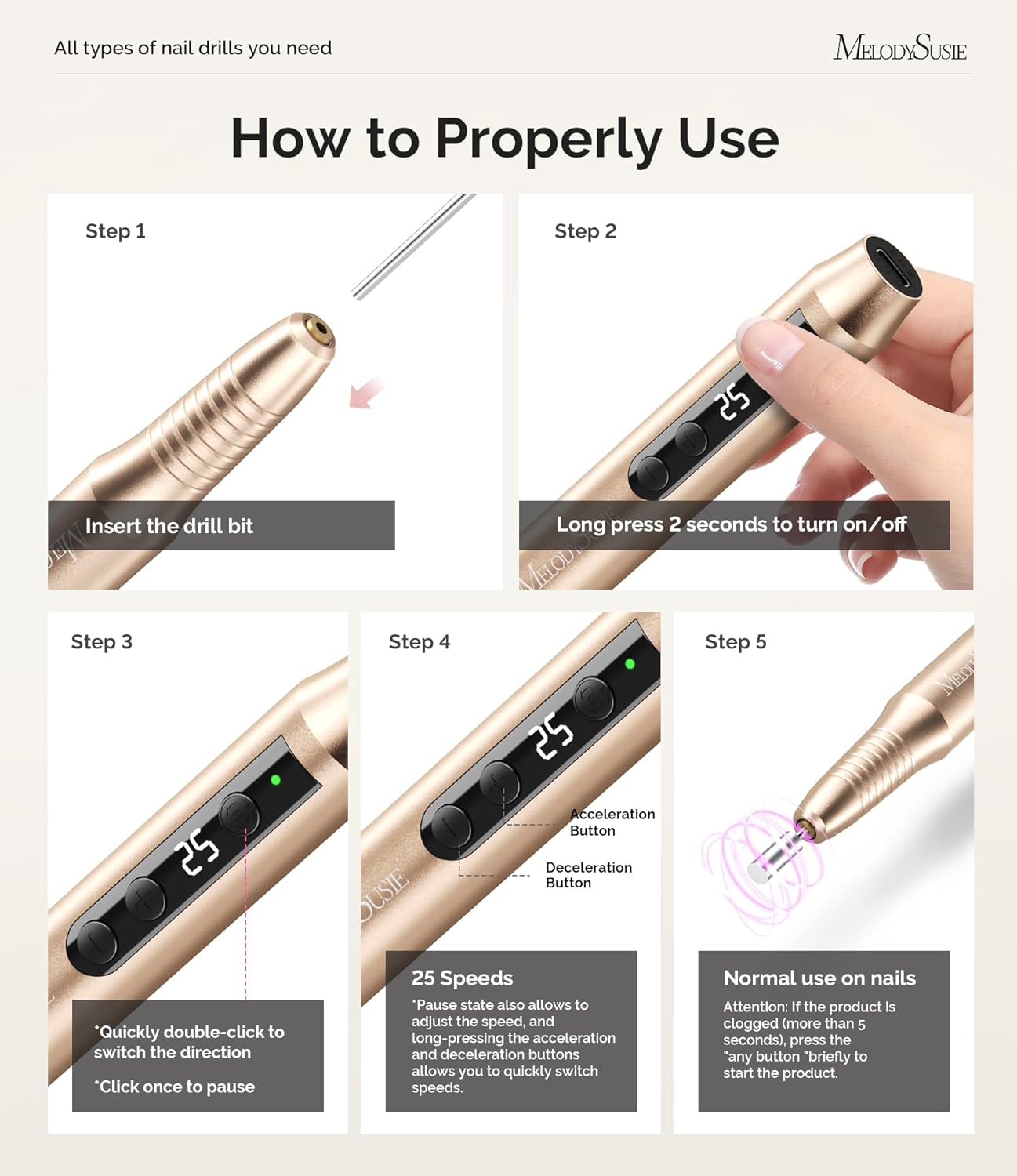 MelodySusie Cordless Portable Nail Drill PC180G, Gold photo 7