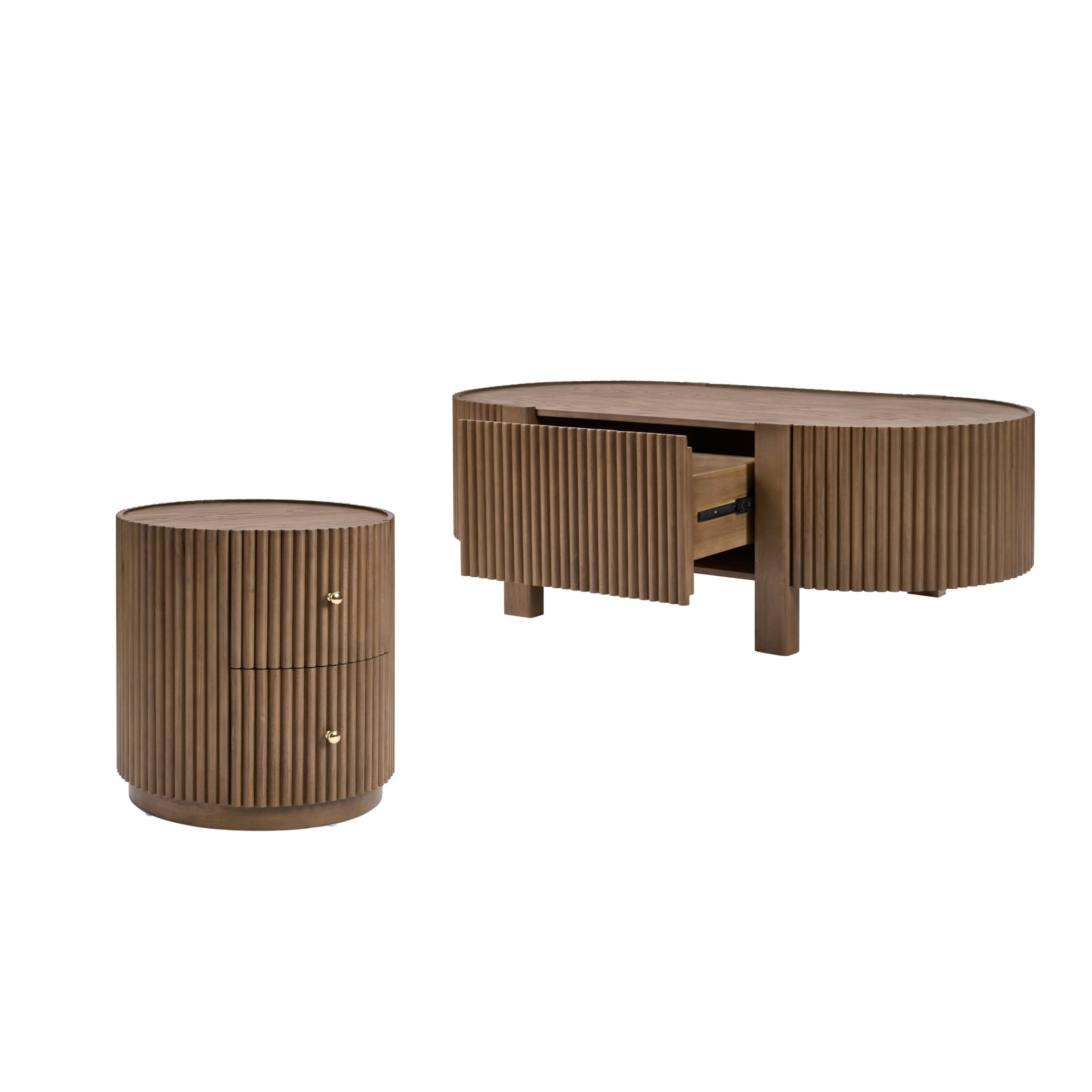 Christopher Knight Home 2-Piece Modern Fluted Coffee Table and End Table Set with Drawers, Walnut