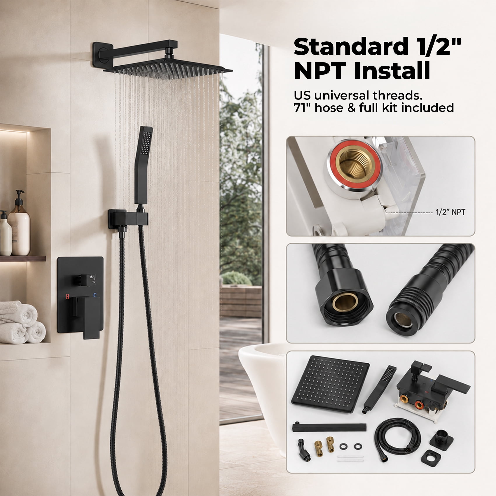 Alvantor Wall-Mounted Shower Faucet Set, 10/12 Inch Square Overhead Spray and Handheld Shower Head with Pressure Balance and Temperature Control Valve