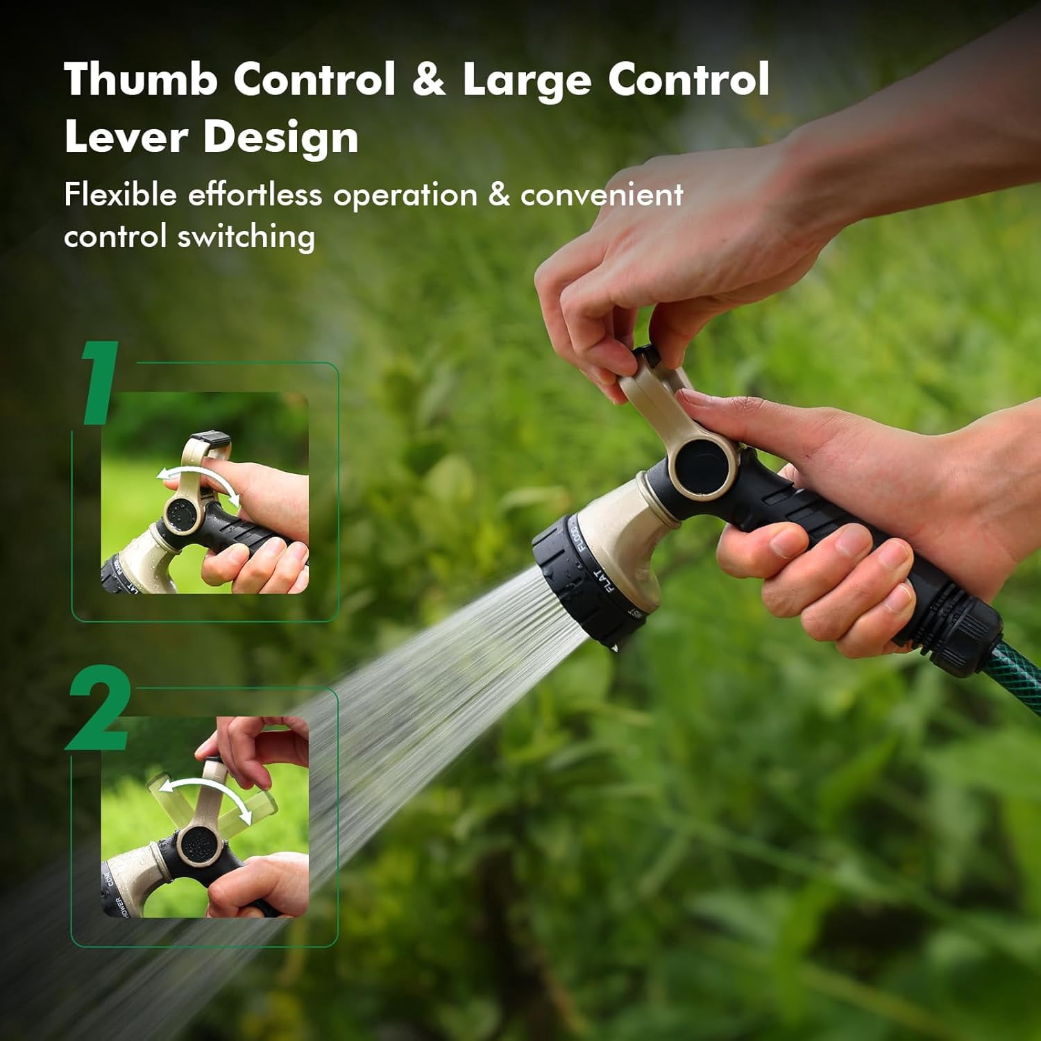 Garden Hose Nozzle Heavy Duty, Fireman Style Nozzle with Thumb Control & Large Lever Control, 7 Adjustable Spray Patterns High Pressure Hand Sprayer for Watering Plants, Car and Pet Washing