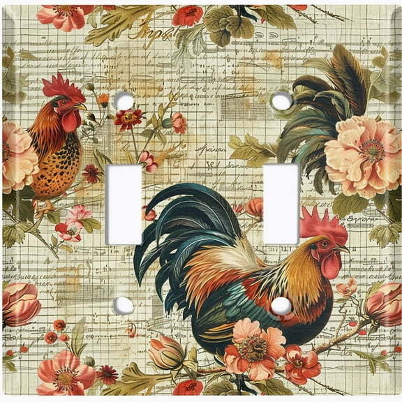 Metal Light Switch Wall Plate Outlet Cover (Printed Image of Rustic Rooster Scrapbook Art - Double Toggle)