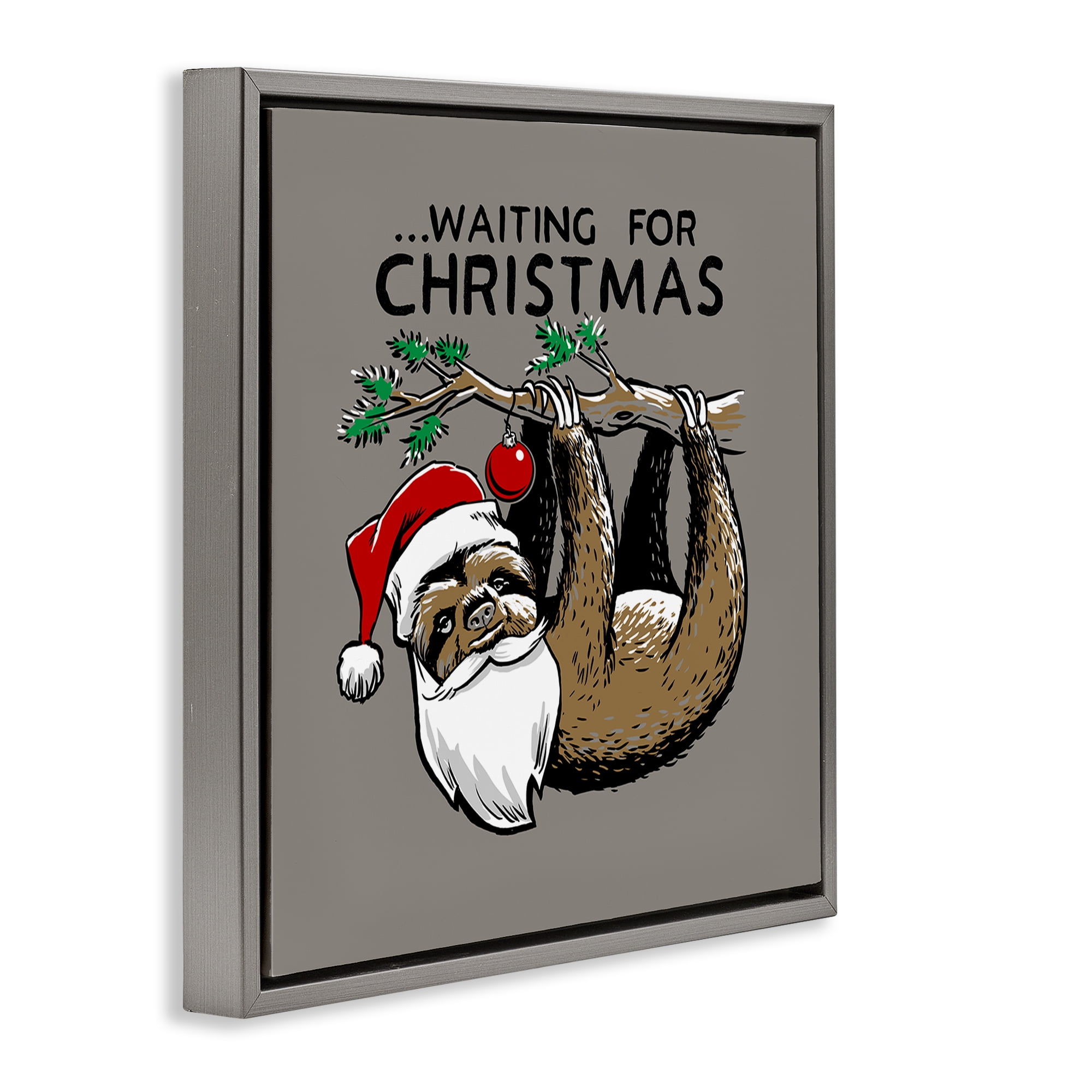 Stupell Industries Santa Christmas Sloth Holiday Painting Gray Floater Framed Canvas Art Prints Wall Art, 25 x 25