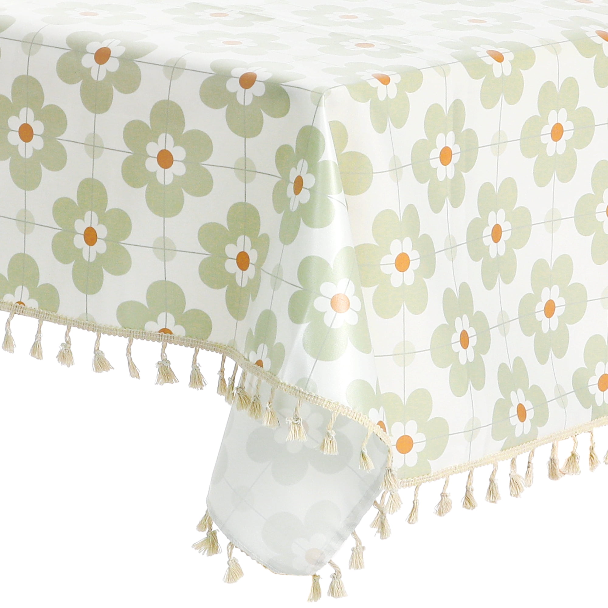 Unique Bargains Rectangle Floral Tablecloth Faux PU Table Cover with Tassels Green Flower 55"x71"