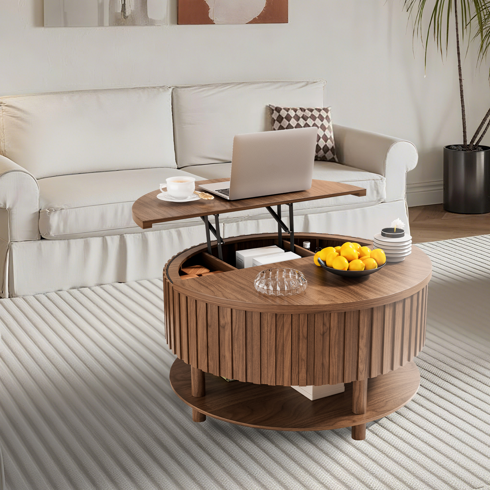 Round Lift Top Coffee Table with Storage, 2-Tier Center Table with Hidden Compartment, Circle Coffee Table with Open Shelf for Living Room, Walnut
