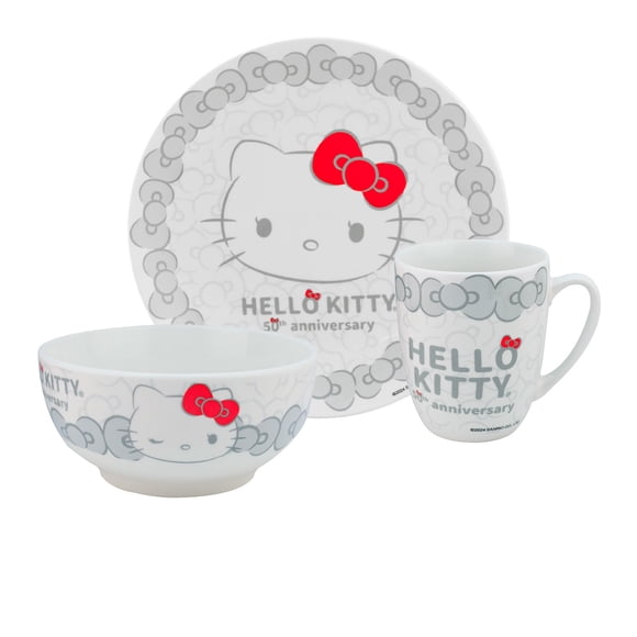 Vajilla Individual Porcelana, Diseño Hello Kitty 50 Aniversario, 3 Piezas con Caja de Regalo
