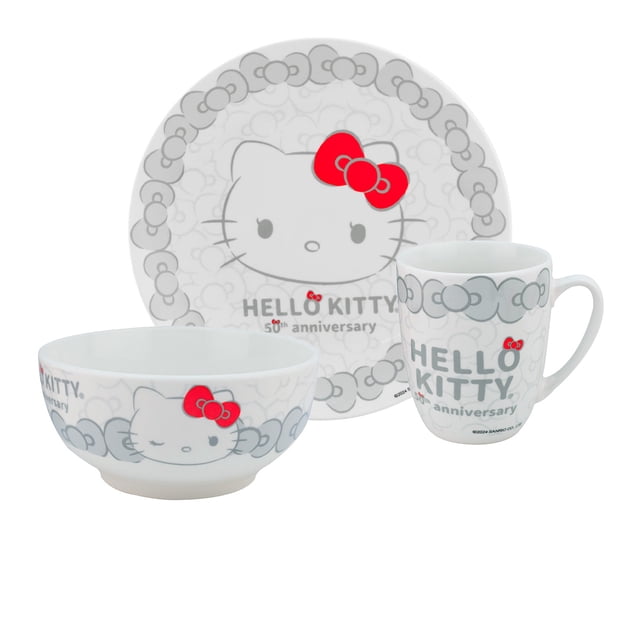 Vajilla Individual Porcelana, Diseño Hello Kitty 50 Aniversario, 3 Piezas con Caja de Regalo