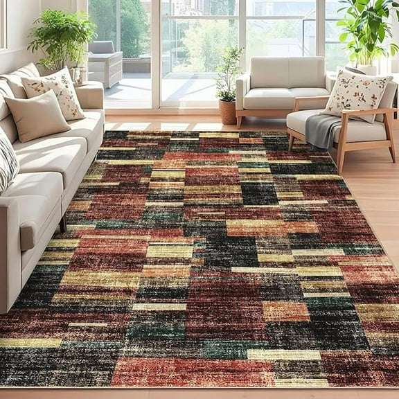 Rugs for Living Room 8x10 Washable Rug Modern Geometric Patchwork Rug Non Slip Stain Resistant Floor Cover Carpet No Shedding Ultra Soft Printed Mats for Dining Room, Bedroom, Office, Red