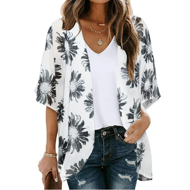 Lilgiuy Women's Floral Print Puff Sleeve Kimono Cardigan Loose Chiffon
