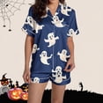 thumbnail image 6 of Women's Halloween 2PC Pajamas Set Short Sleeve Lapel Button Down Shirt And Shorts Lounge Set Print Homewear with Pockets Navy-1 XL, 6 of 8