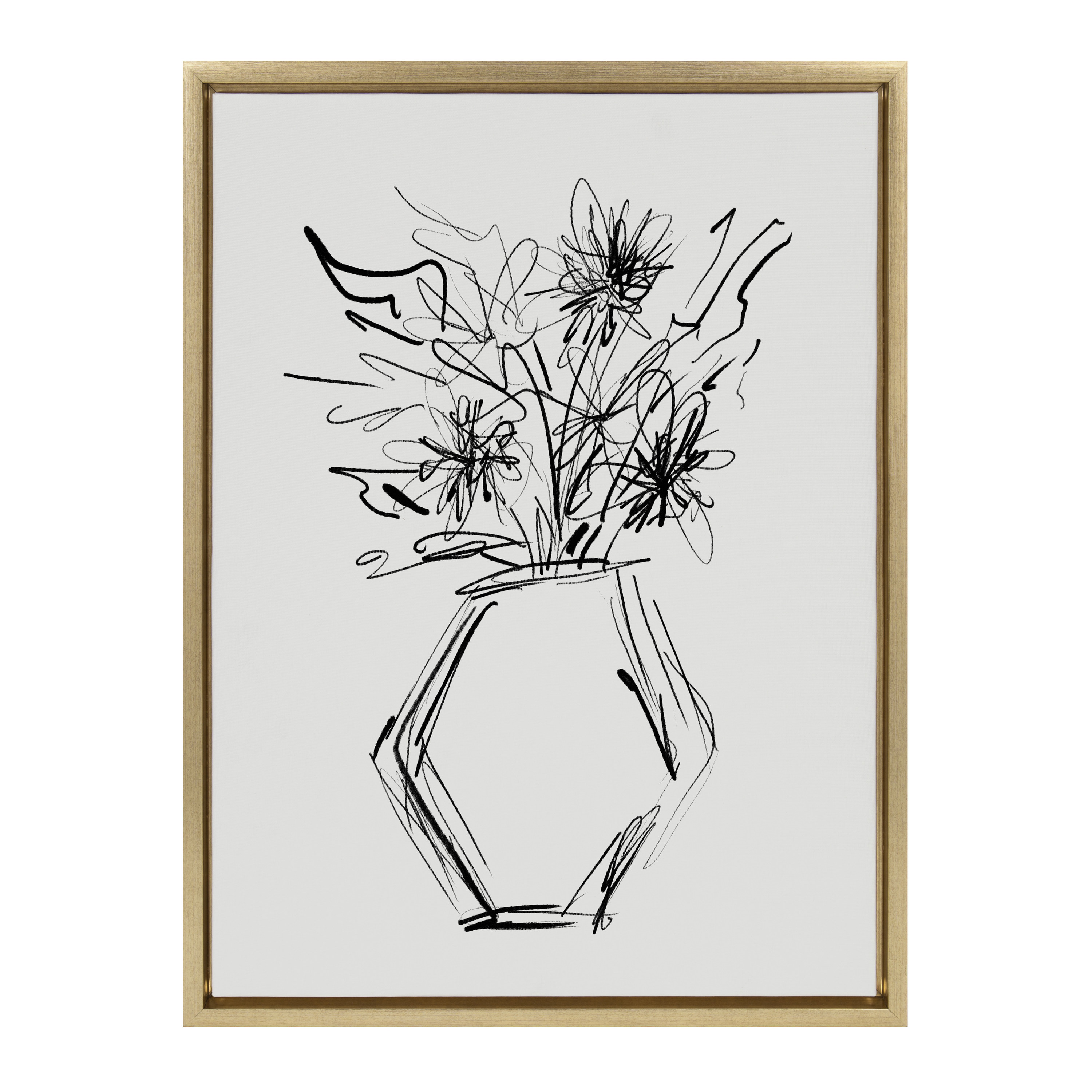 DesignOvation Sylvie BB Line Drawn Flower Vase Hexagon Framed Canvas Wall Art by Border Bloom, 18x24 Bright Gold, Minimalist Flower Home Décor