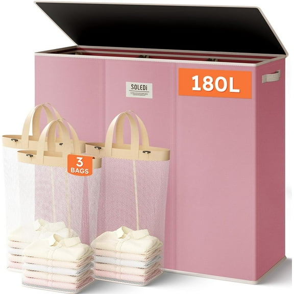 180L 3-Section Laundry Hamper with Lid, Extra Large Dirty Clothes Basket with Sturdy Handles for Laundry Room & Bedroom - Durable Organizer for Sorting Laundry