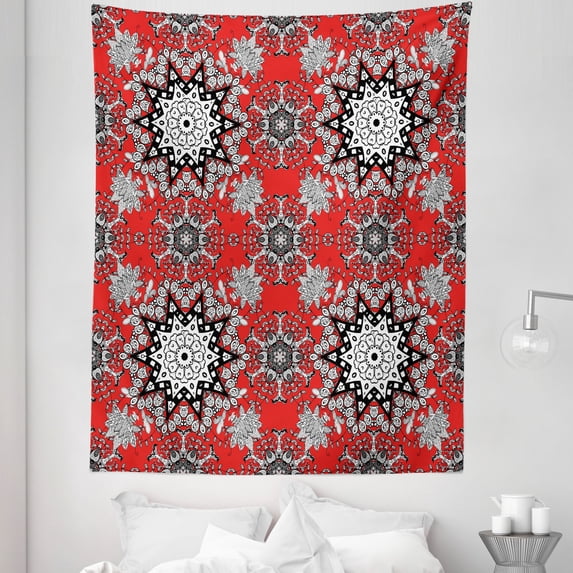 Mandala Tapestry, Floral Swirls Leaves Lace Seem Hand Drawn Image Illustration, Fabric Wall Hanging Decor for Bedroom Living Room Dorm, 5 Sizes, Scarlet White, by Ambesonne