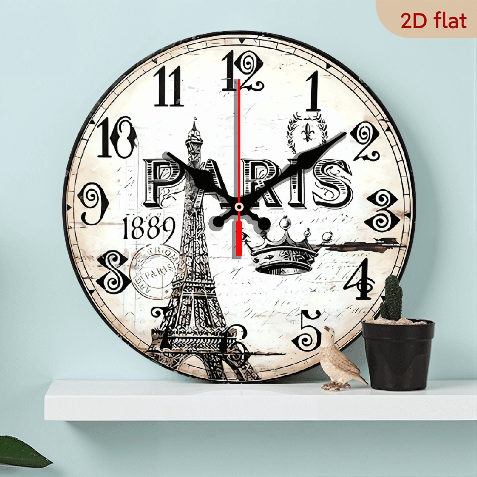 2D Flat 1pc 10Inch Wooden Vintage Paris Eiffel Tower Wall Clock - Silent Mechanical Movement, Rustic Wooden Frame with Roman Numerals, Ideal for Living Room or Kitchen Decor, (Battery Not Included)