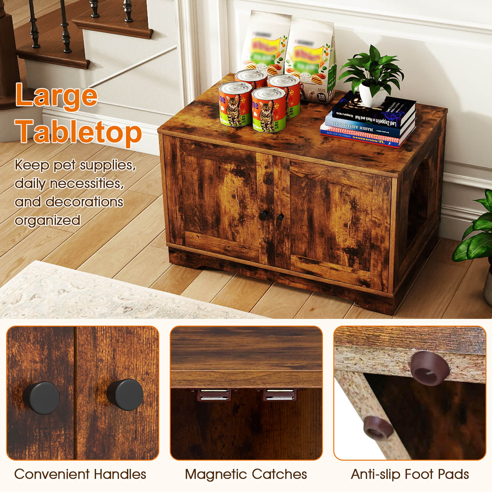 Costway Cat Litter Box Enclosure Furniture with Double Doors Divider Side Entry for Cats Brown
