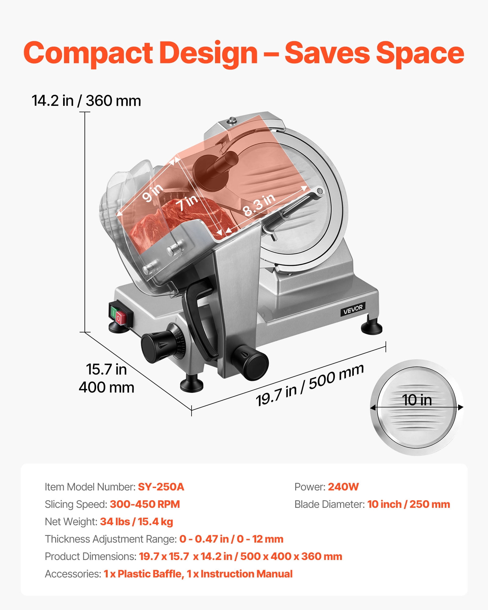 VEVOR 10" Commercial Meat Slicer, 240W Electric Deli Food Slicer with Carbon Steel Blade, Built-In Sharpener & 0-0.47" Adjustable Thickness for Frozen Meat, Ham, Baguett, Steak, UL Approved